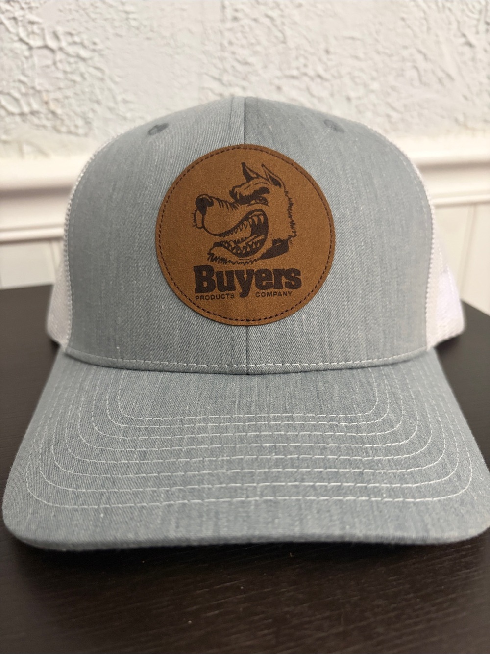 Gray & White Trucker Hat with Leather Patch